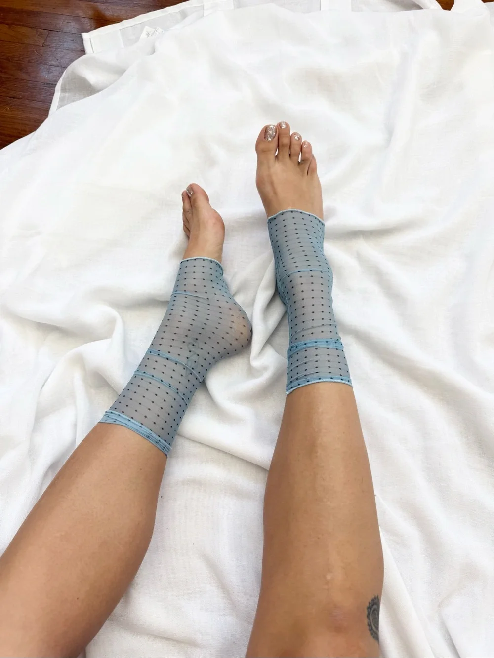 ✿ baby blue sheer polka dot toeless socks •